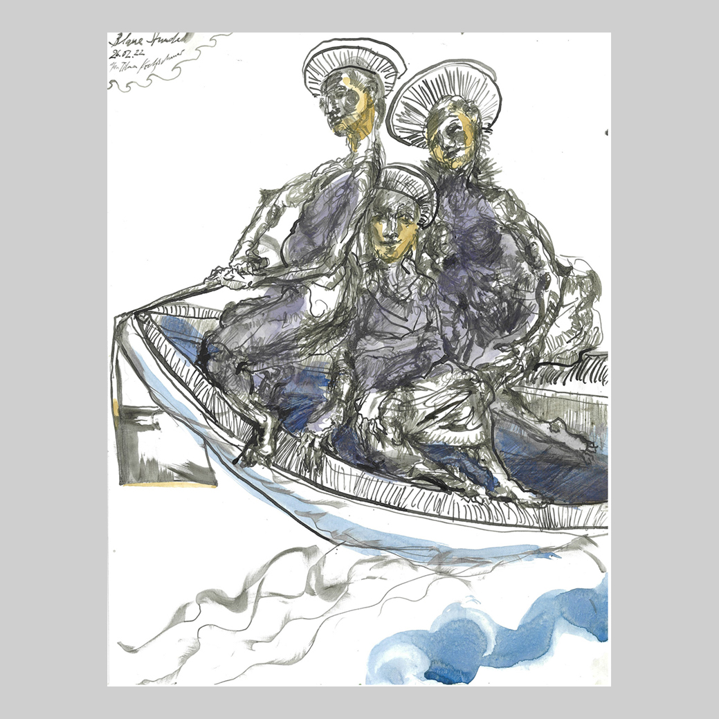 Blaue Stunde, Jan Tilman Kretzschmar, Feder Tusche, laviert Pinsel, Aquarell auf Papier