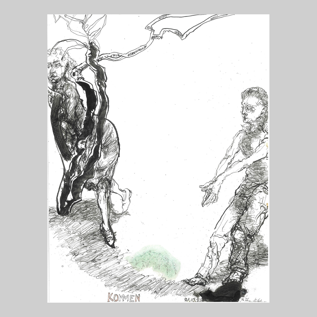 KOMMEN, Jan Tilman Kretzschmar, Feder Tusche, laviert Pinsel, Aquarell auf Papier